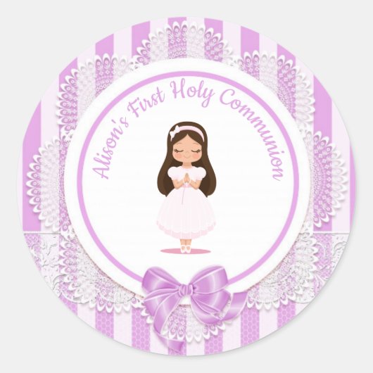 Girl First Holy Communion Lila Lace Runder Aufkleber (Vorderseite)