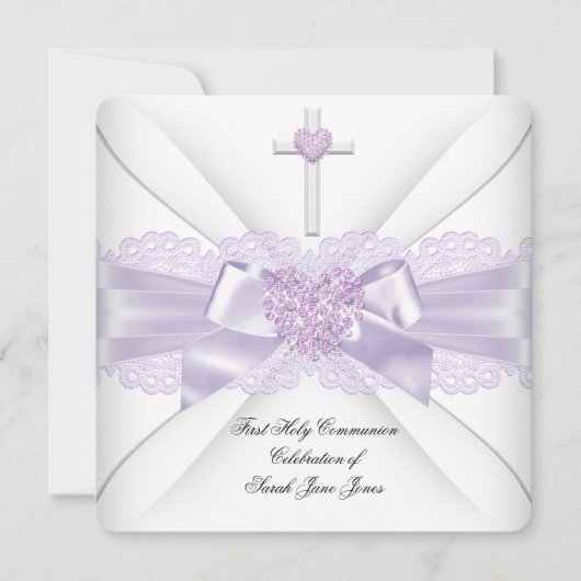 Girl First Holy Communion Lilac Lace Herz 2 Einladung (Vorderseite)