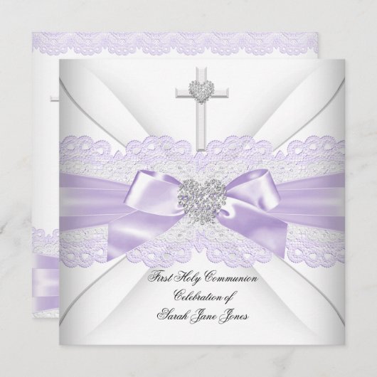 Girl First Holy Communion Lilac Lace White Heart Einladung (Vorne/Hinten)