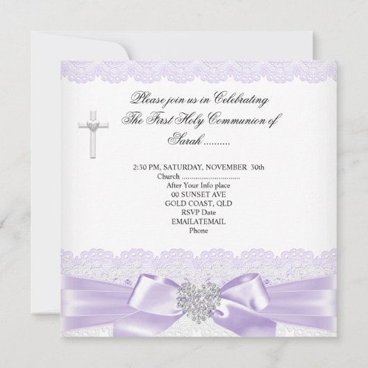 Girl First Holy Communion Lilac Lace White Heart Einladung (Rückseite)