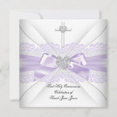 Girl First Holy Communion Lilac Lace White Heart Einladung (Vorderseite)