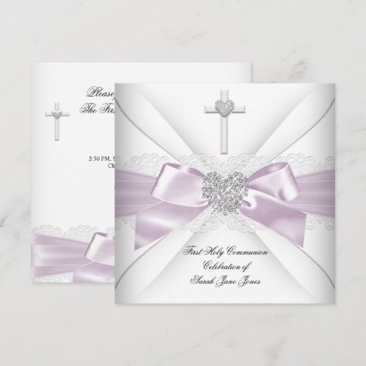 Girl First Holy Communion Lilac Pink Silver Heart Einladung (Vorne/Hinten)