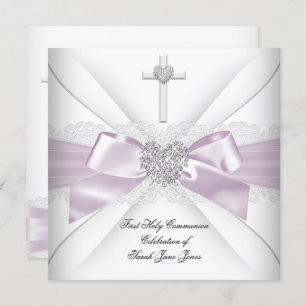 Girl First Holy Communion Lilac Pink Silver Heart Einladung