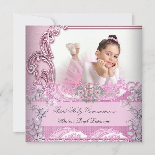 Girl First Holy Communion Pink Foto Butterfly Einladung (Vorderseite)