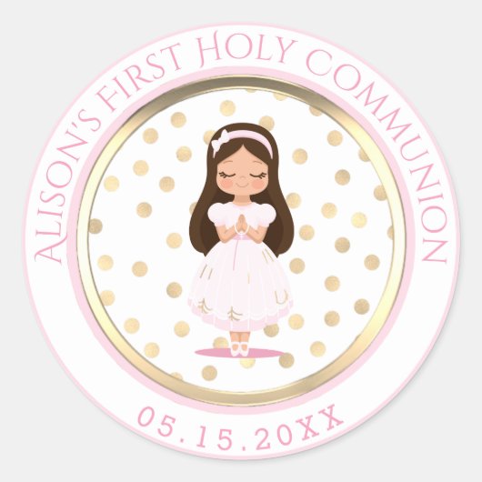 Girl First Holy Communion Pink Gold Runder Aufkleber (Vorderseite)