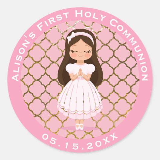 Girl First Holy Communion Pink Gold Runder Aufkleber (Vorderseite)