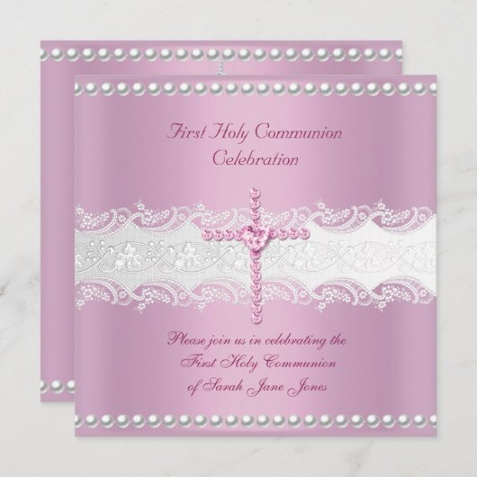 Girl First Holy Communion Pink Lace Pink Pearl Einladung (Vorne/Hinten)