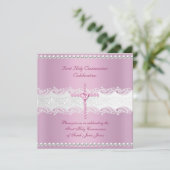 Girl First Holy Communion Pink Lace Pink Pearl Einladung (Stehend Vorderseite)