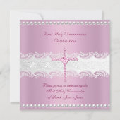 Girl First Holy Communion Pink Lace Pink Pearl Einladung (Vorderseite)