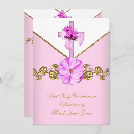 Girl First Holy Communion Pink White Blume 3 Einladung (Vorne/Hinten)