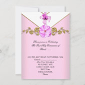 Girl First Holy Communion Pink White Blume 3 Einladung (Rückseite)