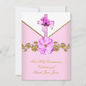 Girl First Holy Communion Pink White Blume 3 Einladung (Vorderseite)
