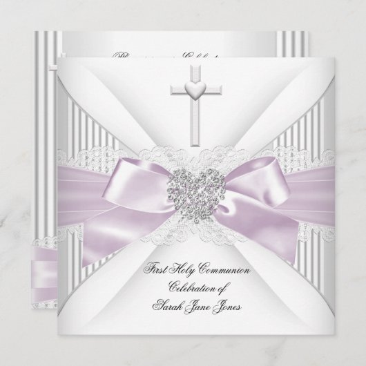 Girl First Holy Communion Pink White Grey Heart Einladung (Vorne/Hinten)