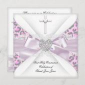 Girl First Holy Communion Pink White Grey Leopard Einladung (Vorne/Hinten)