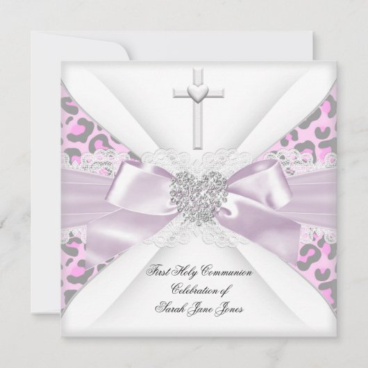 Girl First Holy Communion Pink White Grey Leopard Einladung (Vorderseite)