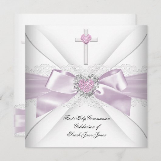 Girl First Holy Communion Pink White Heart Order Einladung (Vorne/Hinten)