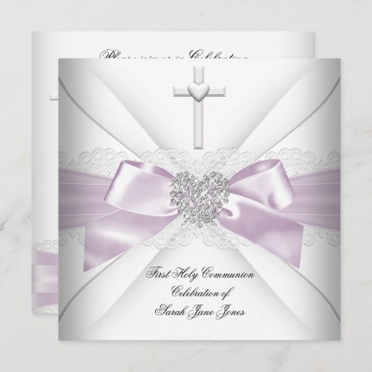Girl First Holy Communion Pink White Silver Heart Einladung (Vorne/Hinten)