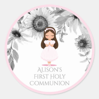 Girl First Holy Communion Rosa Blume Runder Aufkleber