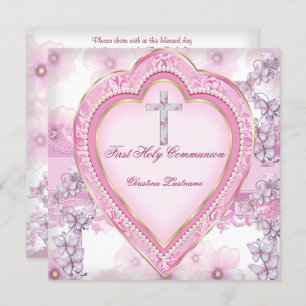 Girl First Holy Communion Rosa Herz Einladung