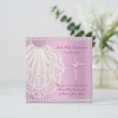 Girl First Holy Communion Rosa Veil Pink Pearl Einladung (Stehend Vorderseite)