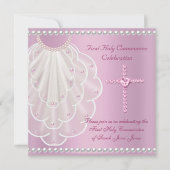 Girl First Holy Communion Rosa Veil Pink Pearl Einladung (Vorderseite)
