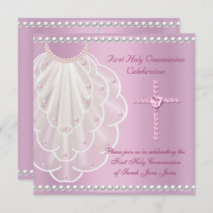 Girl First Holy Communion Rosa Veil Pink Pearl Einladung