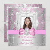 Girl First Holy Communion Silver Pink Foto Einladung (Vorne/Hinten)