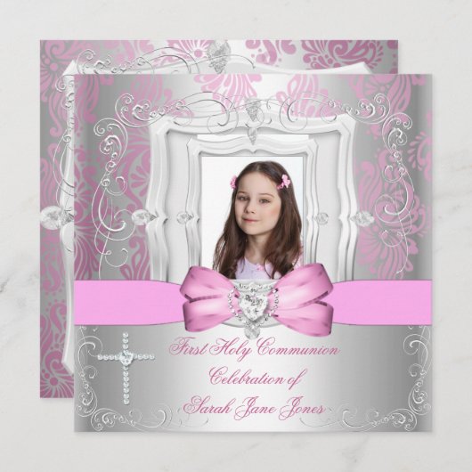 Girl First Holy Communion Silver Pink Foto Einladung (Vorne/Hinten)