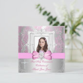 Girl First Holy Communion Silver Pink Foto Einladung (Stehend Vorderseite)