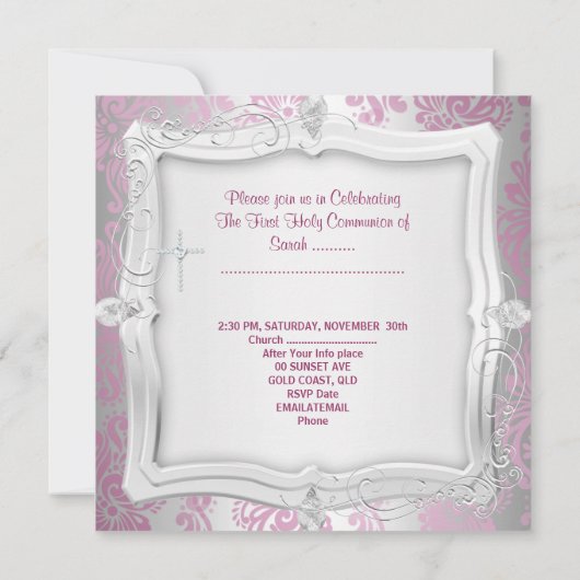 Girl First Holy Communion Silver Pink Foto Einladung (Rückseite)