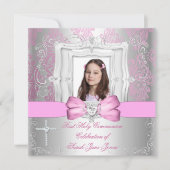 Girl First Holy Communion Silver Pink Foto Einladung (Vorderseite)