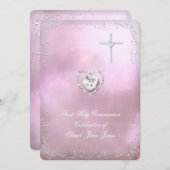 Girl First Holy Communion Silver Pink Himmlisch Einladung (Vorne/Hinten)