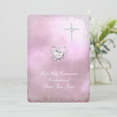 Girl First Holy Communion Silver Pink Himmlisch Einladung (Stehend Vorderseite)