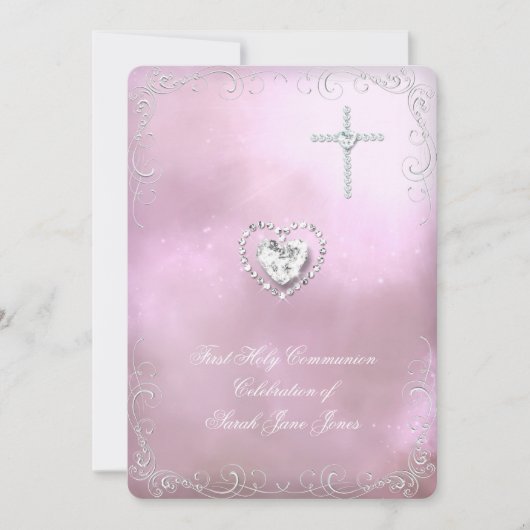 Girl First Holy Communion Silver Pink Himmlisch Einladung (Vorderseite)