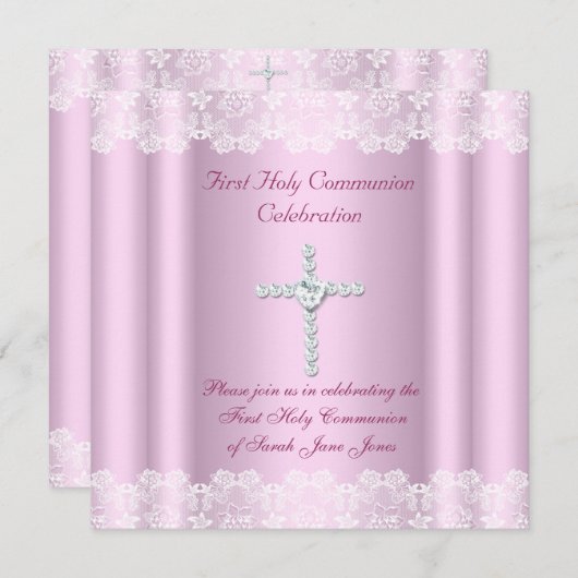 Girl First Holy Communion White Lace Pink Cross Einladung (Vorne/Hinten)