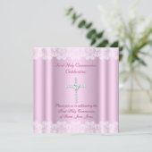 Girl First Holy Communion White Lace Pink Cross Einladung (Stehend Vorderseite)