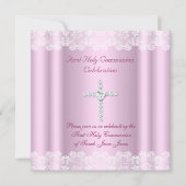Girl First Holy Communion White Lace Pink Cross Einladung (Vorderseite)