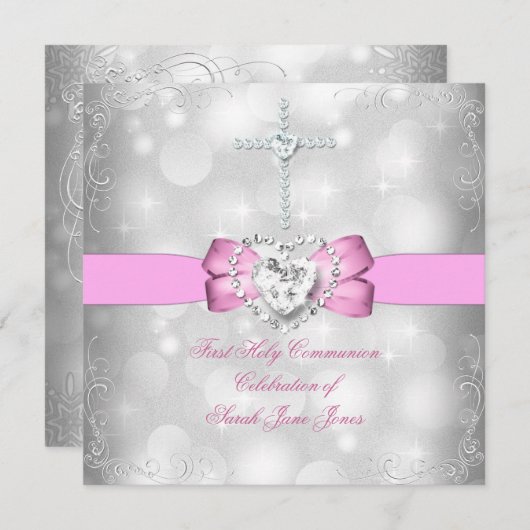 Girl First Holy Communion White Pink Einladung (Vorne/Hinten)