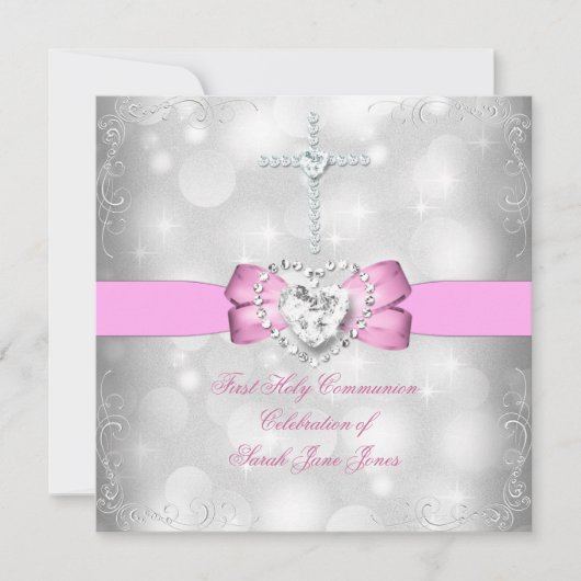 Girl First Holy Communion White Pink Einladung (Vorderseite)