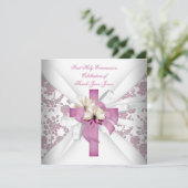 Girl First Holy Communion White Pink Einladung (Stehend Vorderseite)