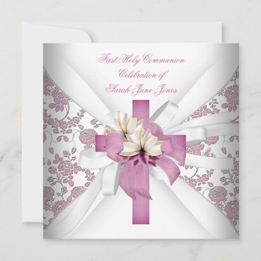 Girl First Holy Communion White Pink Einladung (Vorderseite)