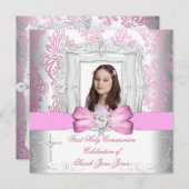 Girl First Holy Communion White Pink Foto Einladung (Vorne/Hinten)