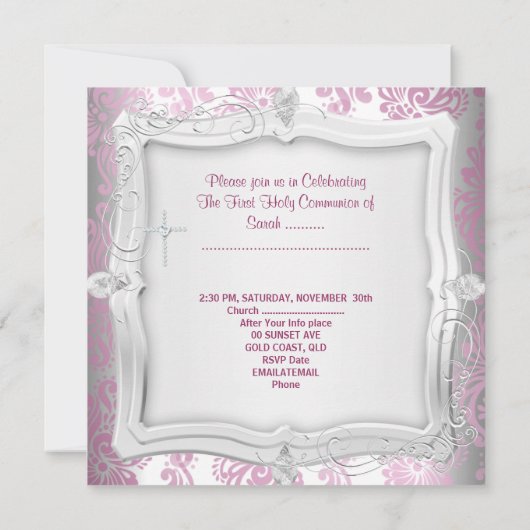 Girl First Holy Communion White Pink Foto Einladung (Rückseite)