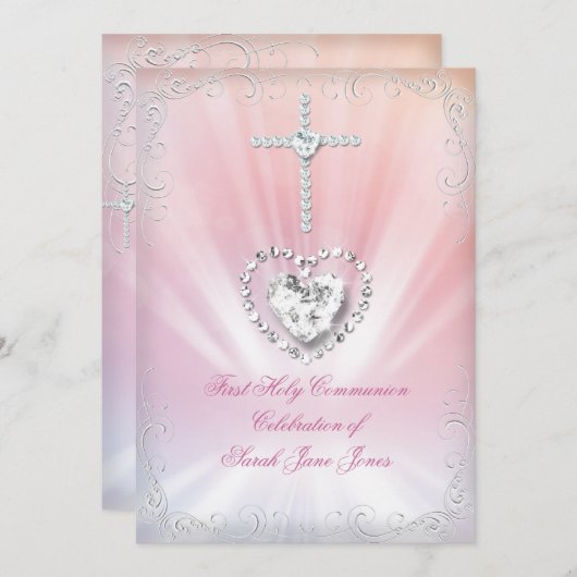 Girl First Holy Communion White Pink Himmlisch 2 Einladung (Vorne/Hinten)