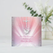 Girl First Holy Communion White Pink Himmlisch Einladung (Stehend Vorderseite)