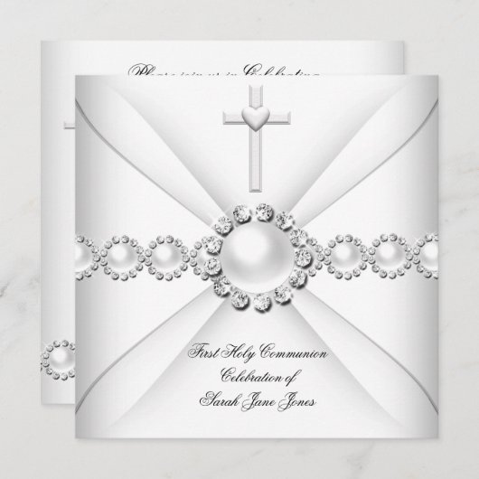 Girl First Holy Communion White Silver 2 Einladung (Vorne/Hinten)