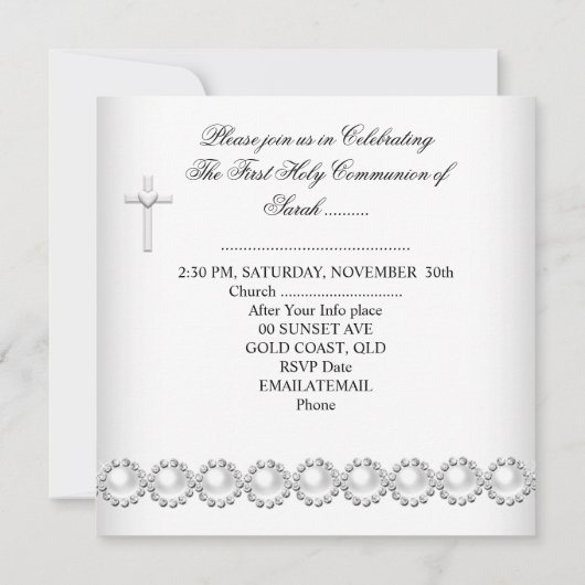 Girl First Holy Communion White Silver 2 Einladung (Rückseite)