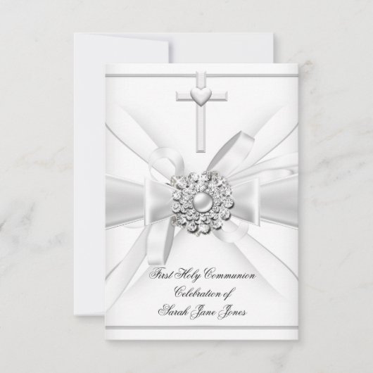 Girl First Holy Communion White Silver Cross Einladung (Vorderseite)