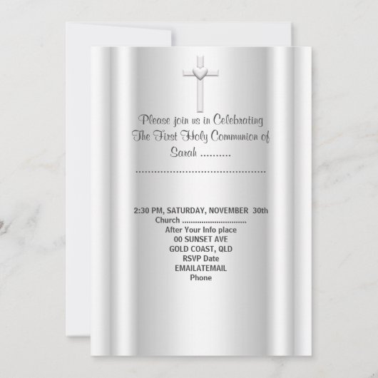 Girl First Holy Communion White Silver Einladung (Rückseite)