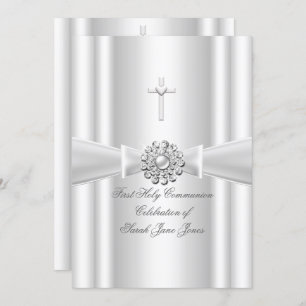 Girl First Holy Communion White Silver Einladung